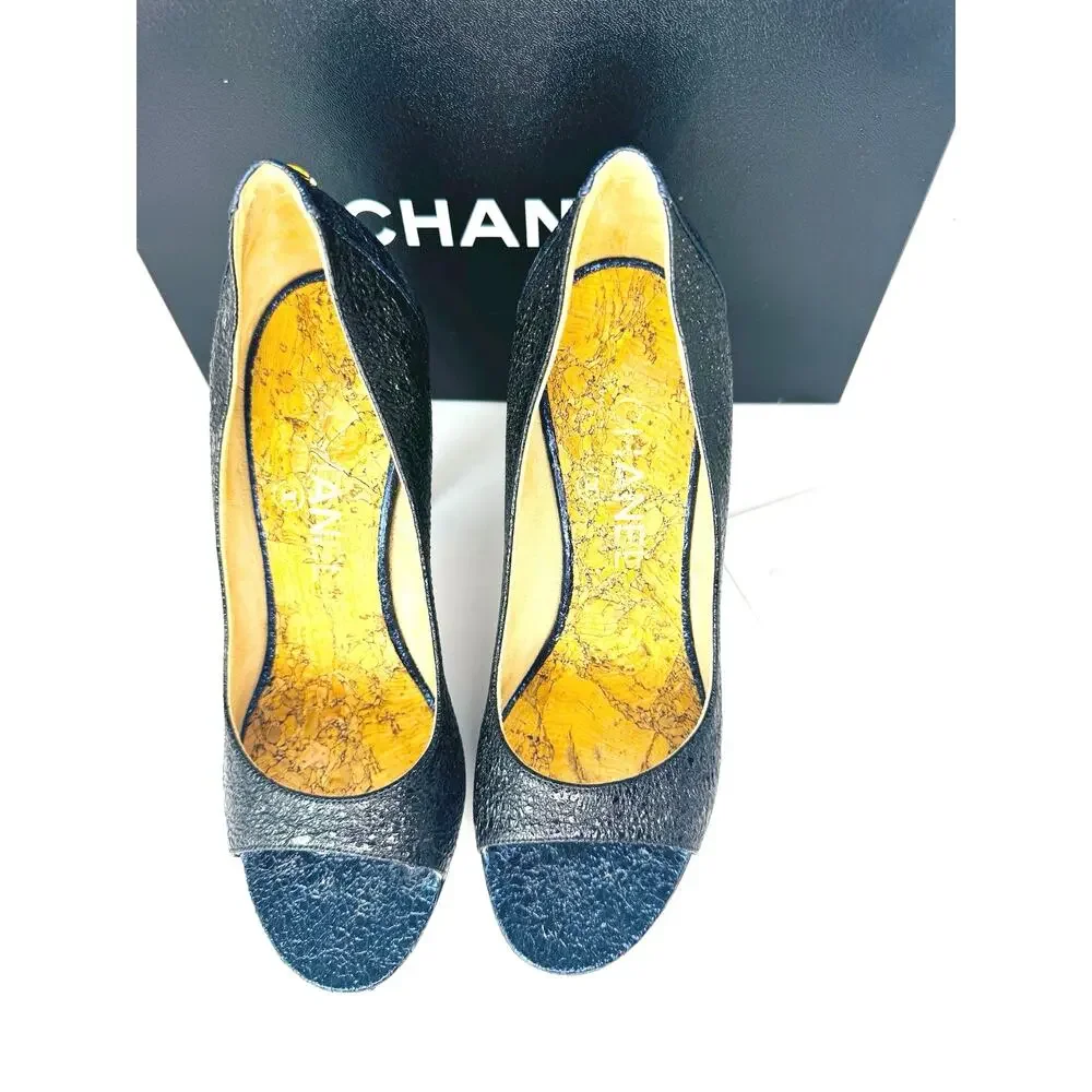 Chanel 2012 Metallic Navy CC Logo Embossed Peep Toe Heels EU 36